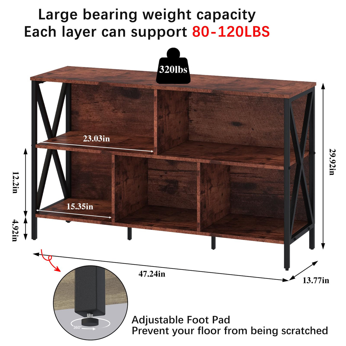 Horizontal Bookshelf,Industrial Modern 5 Cube Low Wide Cubby Bookcase with led Light,Long Wood and Metal Storage Organizer Open Shelf, Book Shelf Bedroom Storage for Home Office Living Room(Brown) Adompacat