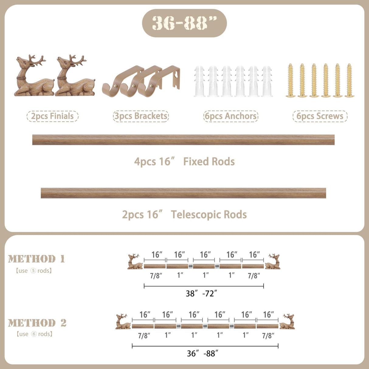 TANGWIN Wood Curtain Rods for Windows 48 to 84 Inch(4-7Ft),1 Inch Adjustable Curtain Rod,Rustic Wooden Curtain Rod,Decorative Deer Drapery Rods,Single Window Curtain Rods 36-88",Brown Wood Grain TANGWIN