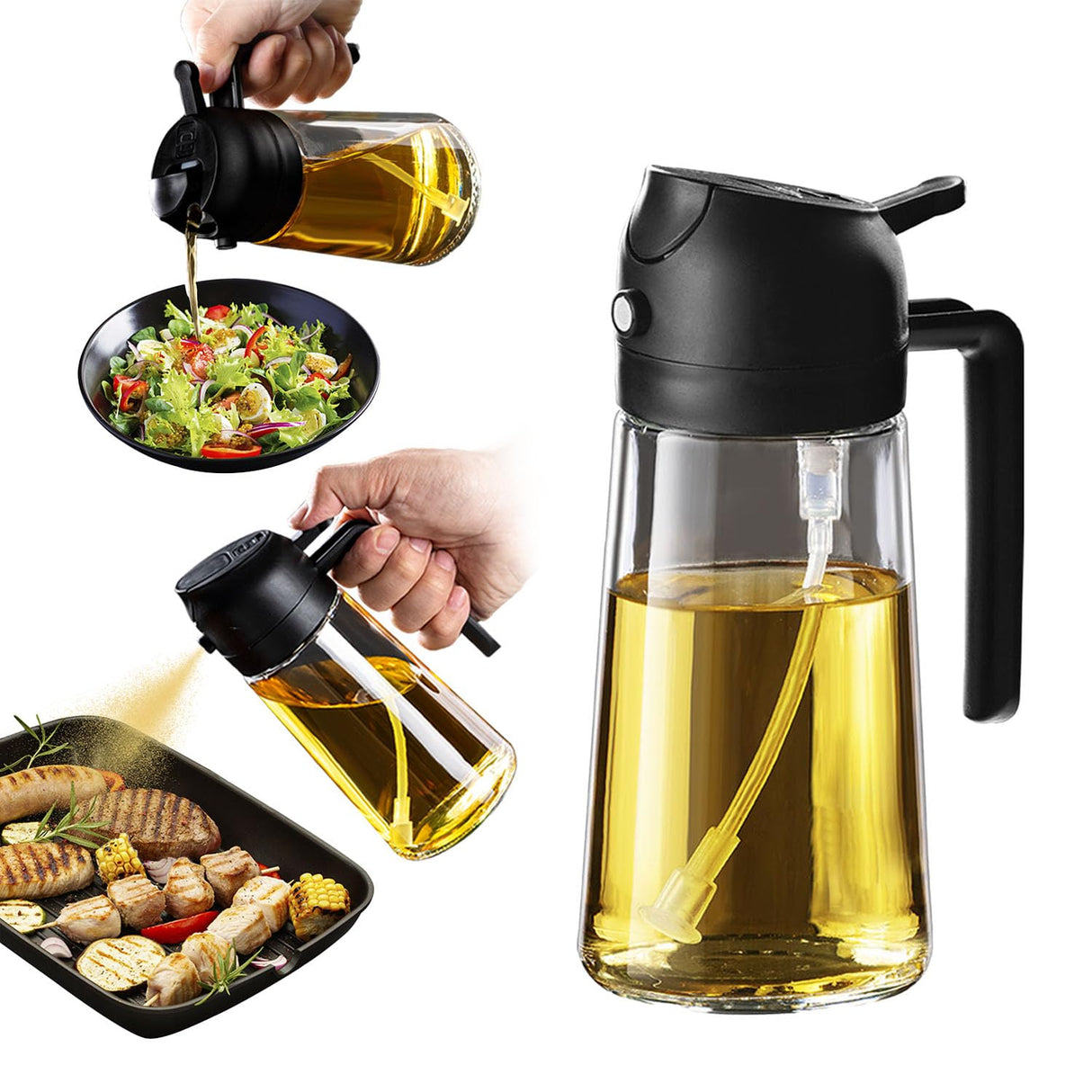 TrendPlain 16oz/470ml Olive Oil Sprayer for Cooking - 2 in 1 Olive Oil Dispenser for Kitchen Gadgets, Air Fryer, Salad, and BBQ - Black TrendPlain
