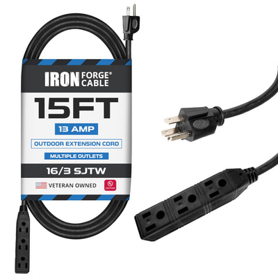 Iron Forge Cable 3 Outlet Power Strip Outdoor Extension Cord 15 ft, 16/3 Weatherproof Heavy Duty Black Extension Cord with Multiple Outlets 3 Prong
