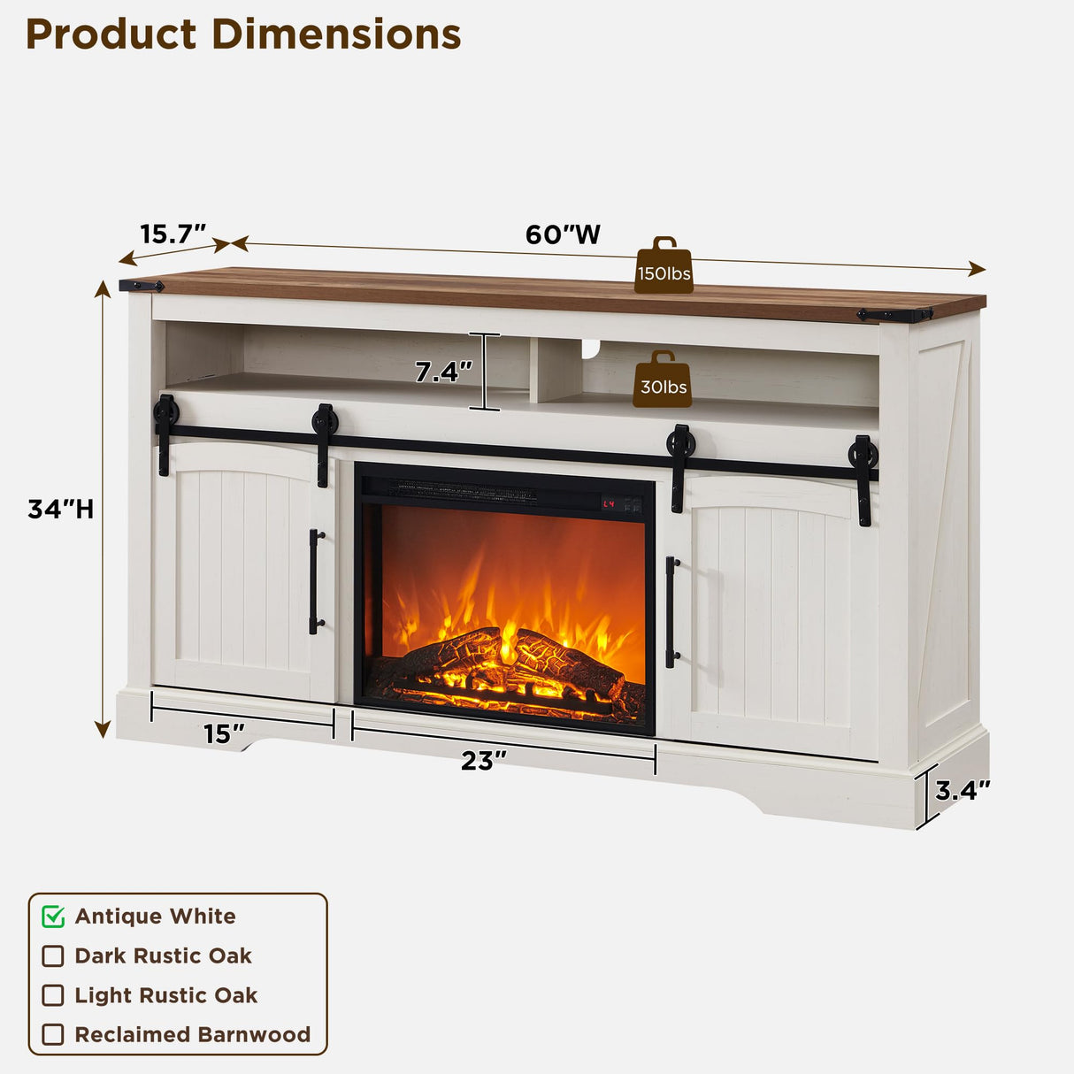 OKD Farmhouse Fireplace TV Stand for 70 Inch TV, 34" Tall Highboy Entertainment Center w/Electric Fireplace, Rustic Media Console w/Sliding Arched Door for Living Room,Antique White OKD