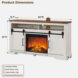 OKD Farmhouse Fireplace TV Stand for 70 Inch TV, 34" Tall Highboy Entertainment Center w/Electric Fireplace, Rustic Media Console w/Sliding Arched Door for Living Room,Antique White OKD