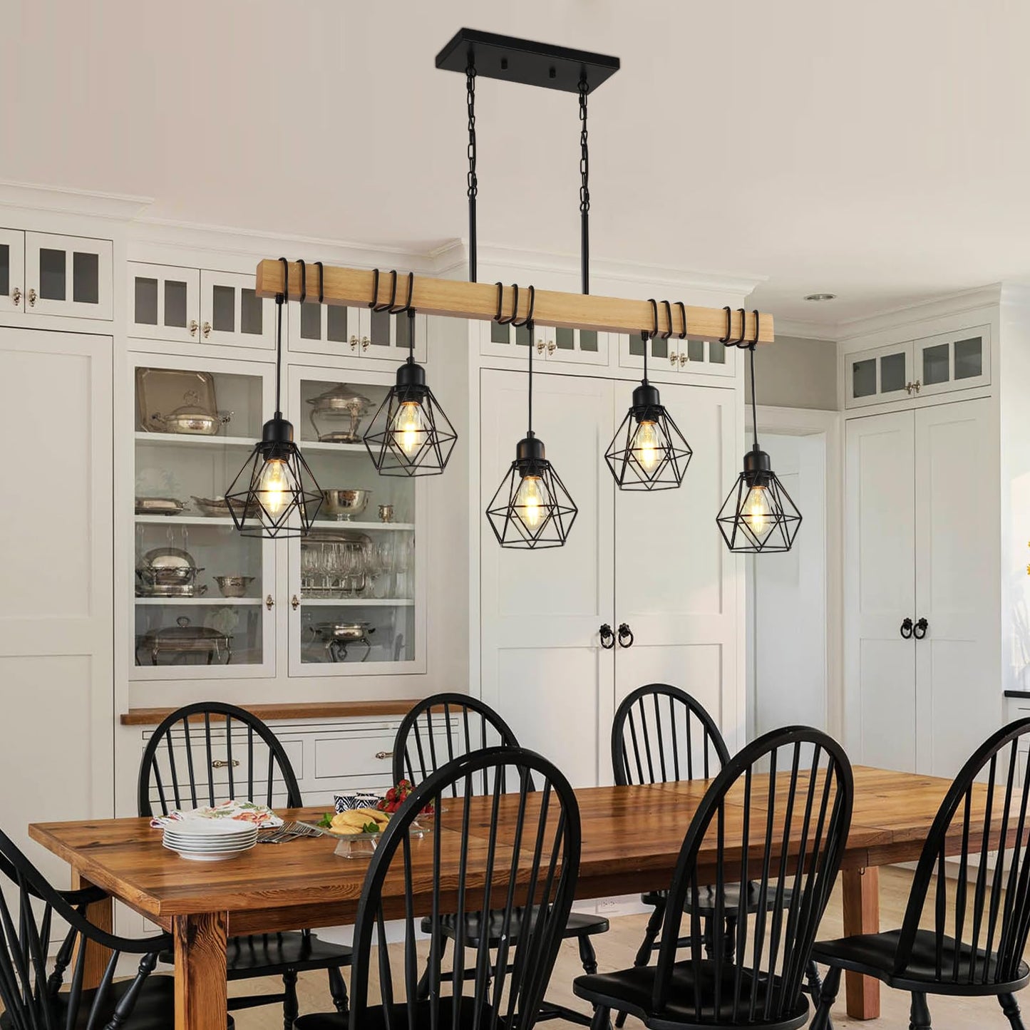 5-Light Kitchen Island Lighting,Modern Chandelier Over Table, Dining Room Light Fixture Hanging for Modern Farmhouse Linear Chandeliers Black Rustic Wood Ceiling Pendant Light Fixtures - WoodArtSupply