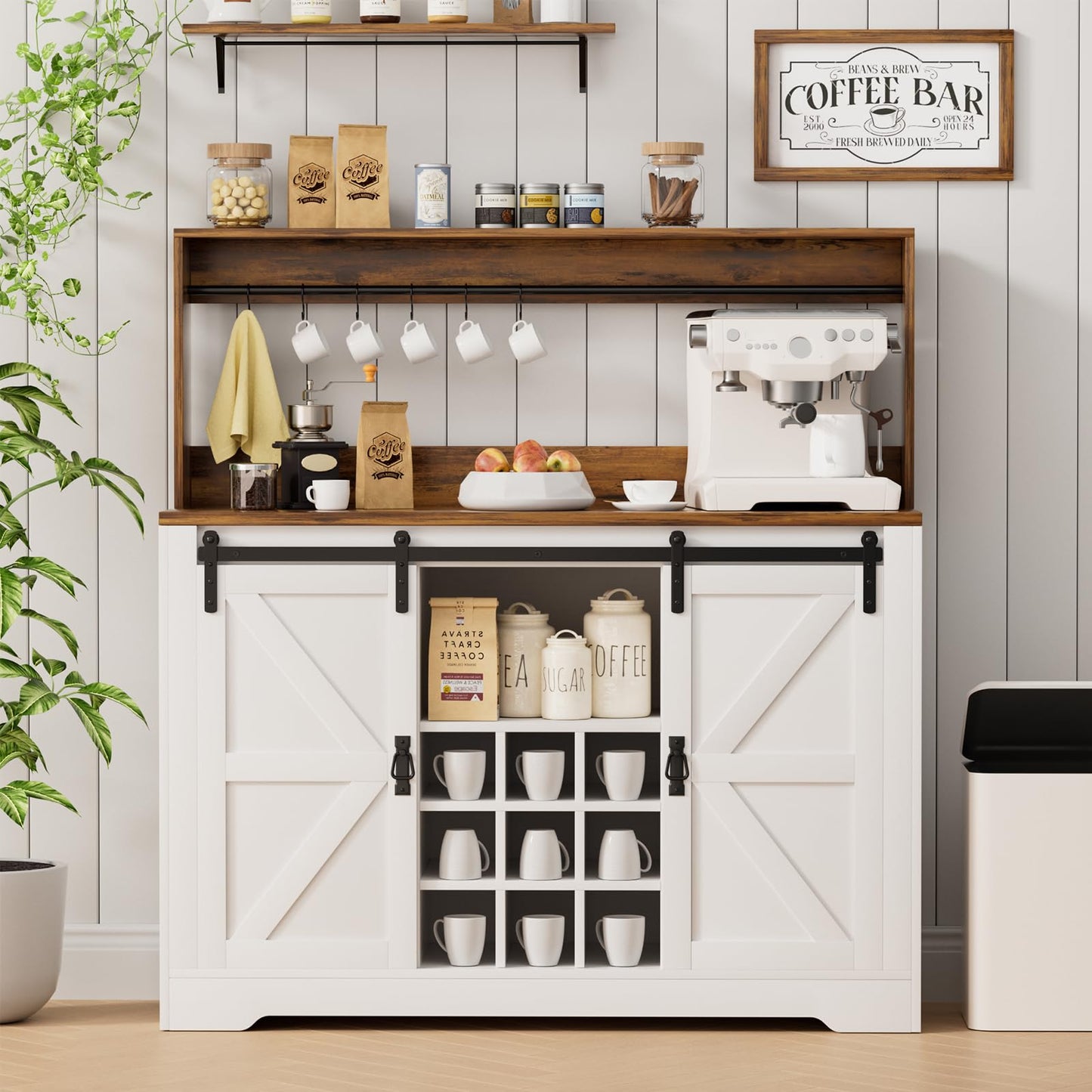 SYESWAY 47" Farmhouse Coffee Bar Cabinet with Sliding Barn Doors, Wine Rack & Hooks in White