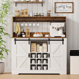 SYESWAY 47" Farmhouse Coffee Bar Cabinet with Sliding Barn Doors, Wine Rack & Hooks in White SYESWAY