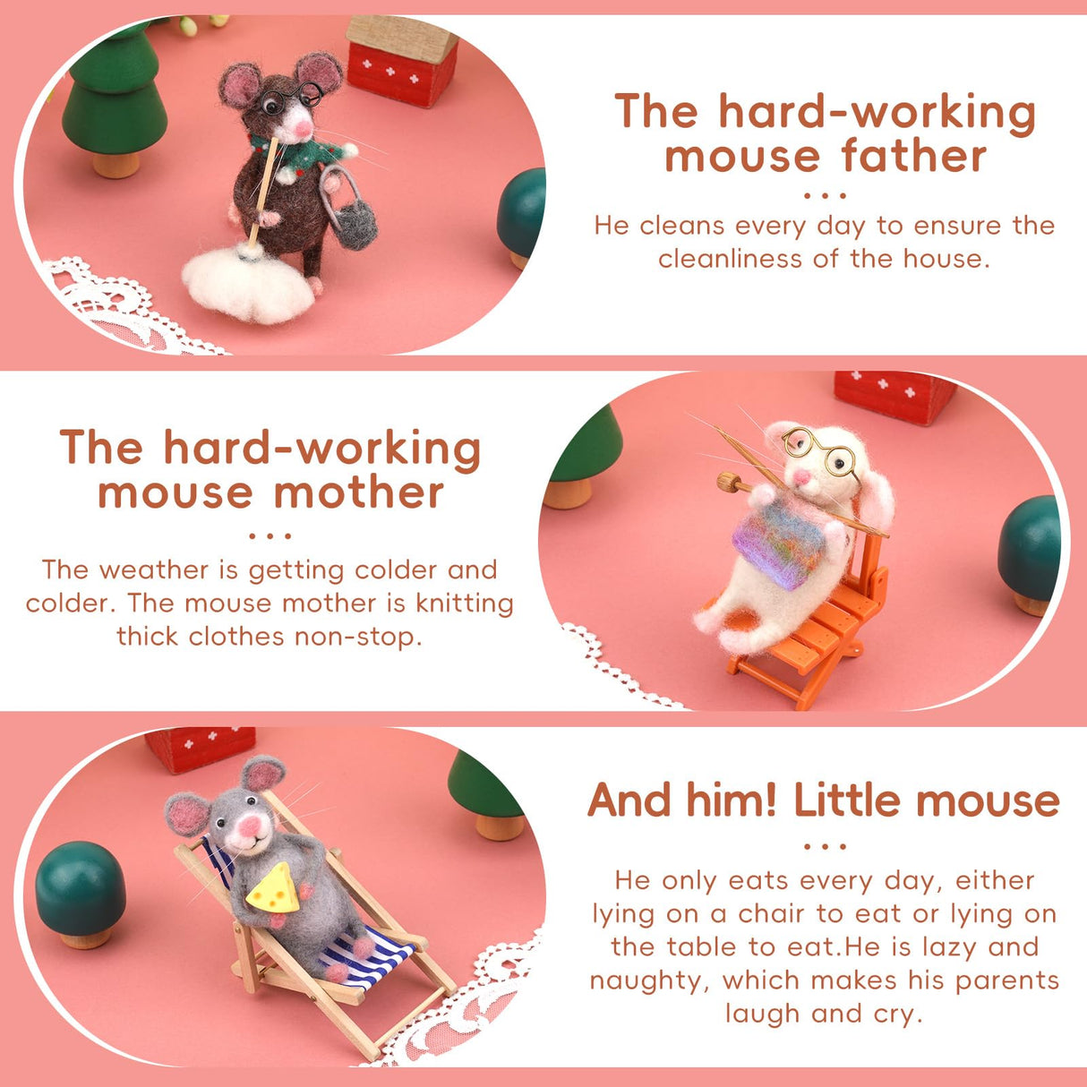 OEHPICC Mouse Family Needle Felting Kit,Needle Felting Starter Kit, Mice Felting Kit for Beginner Adults with Felting Supplies and Instructions for DIY Felting OEHPICC