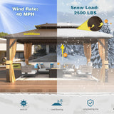 MELLCOM 12'x16' Hardtop Gazebo, Galvanized Steel Metal Double Roof Aluminum Gazebo with Curtains and Netting, Brown Permanent Pavilion Gazebo with Aluminum Frame for Patio, Lawn & Garden MELLCOM