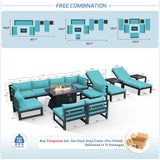 NICESOUL 13 Piece Large Modern Aluminum Patio Furniture Set, Rust Water Resistant Modular Outdoor Conversation Set with Chaise & Fire Pit Table, 500 lbs Durable Modular Sectional Sofa for Deck, Teal NICESOUL
