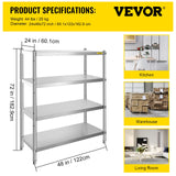 VEVOR Stainless Steel Shelving 46.8x18.5 Inch 4 Tier Adjustable Shelf Storage Unit Stainless Steel Heavy Duty Shelving for Kitchen Commercial Office Garage Storage 330lb Per Shelf VEVOR