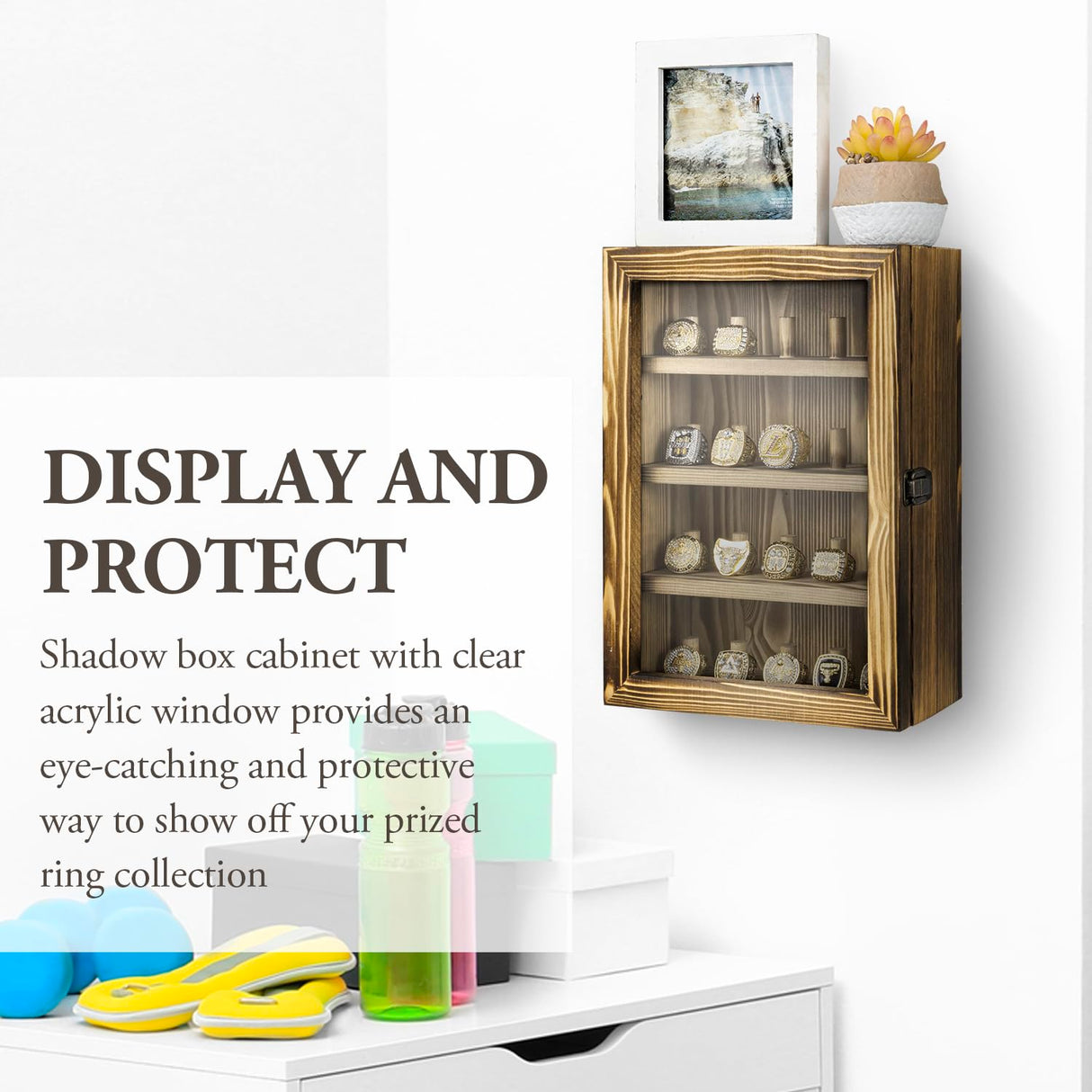 MyGift 4-Tier Wall Mounted Rustic Burnt Solid Wood Sports Championship Ring Holder with Metal Latch Closure, 20-Peg Fraternity, Class Rings Display MyGift