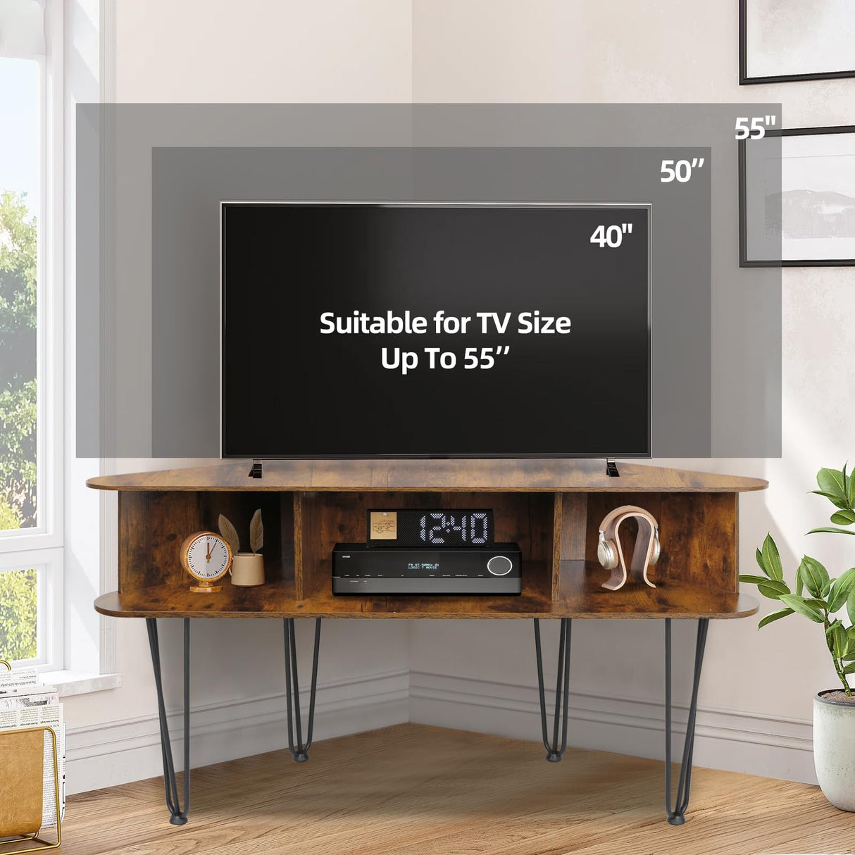 Corner TV Stand for 55 inch TV, Corner TV Stand for Living Room, Industrial TV Stand with Storage, Corner Entertainment Center with High Metal Feet and Anti-Slip Pads, 45 Inch, Rustic Brown Ciao Stilista