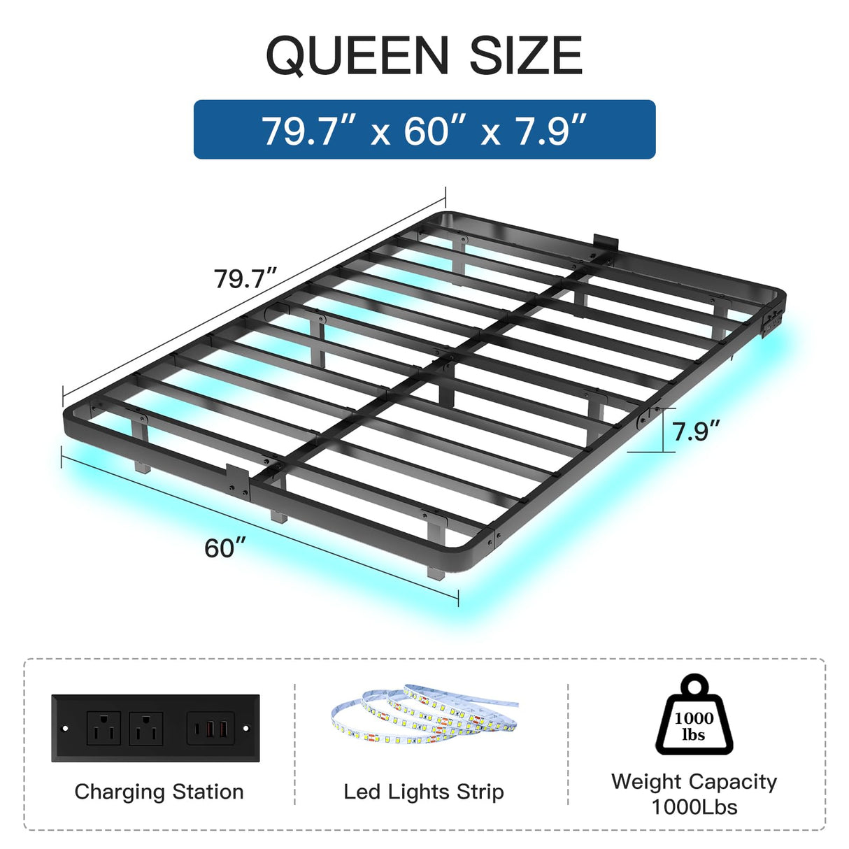 FviMzailon Queen Size Floating Bed Frame - Metal Platform Bed with Smart LED Lights & Charging Station, No Box Spring Needed, Easy Assembly, Noise Free FviMzailon