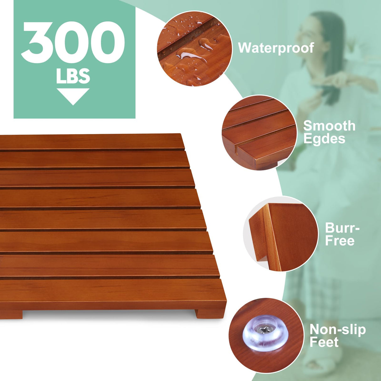 Teak Shower Mat - Foldable Wood Bath Mat, Floor Mat for Bathtub, Door, Spa, Sauna, Pool, Ideal for Indoor Outdoor HONGJUNLEE