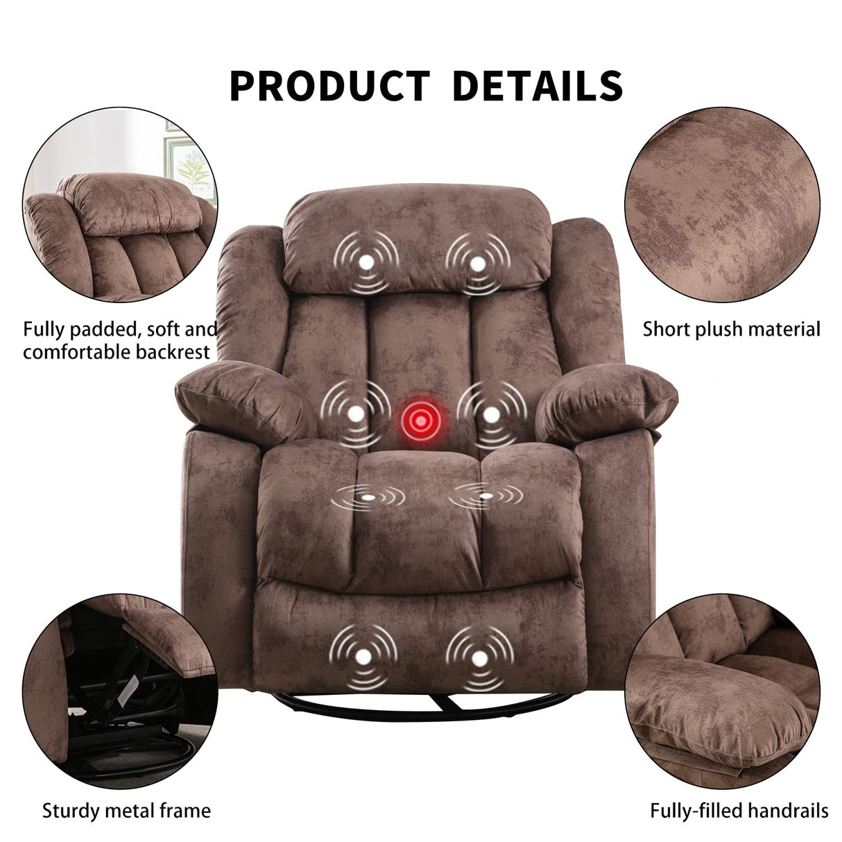 INZOY Rocker Recliner with Heat and Vibration, Manual Swivel Rocking Chair with Vibrating Massage, Comfy Padded Overstuffed Soft Fabric Heated Recliner (Brown) INZOY