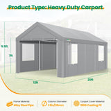 COBIZI Carport Canopy 12x20 Heavy Duty Portable Garage with Roll-Up Ventilation Windows & Doors, Removable Sidewalls Car Canopy Car Tent Waterproof with Built-in Sandbags for Cars, Boats, Trucks, Gray COBIZI
