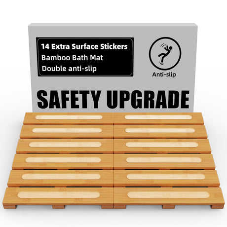 Bamboo Bath Mat for Shower, Dual Anti-Slip for Surface & Bottom, Waterproof Foldable Shower Mat, Easy to Carry and Storage, Wonderful for Indoor Outdoor （ Natural, 20.86×13.77×1.14 Inches） JOJOZOO