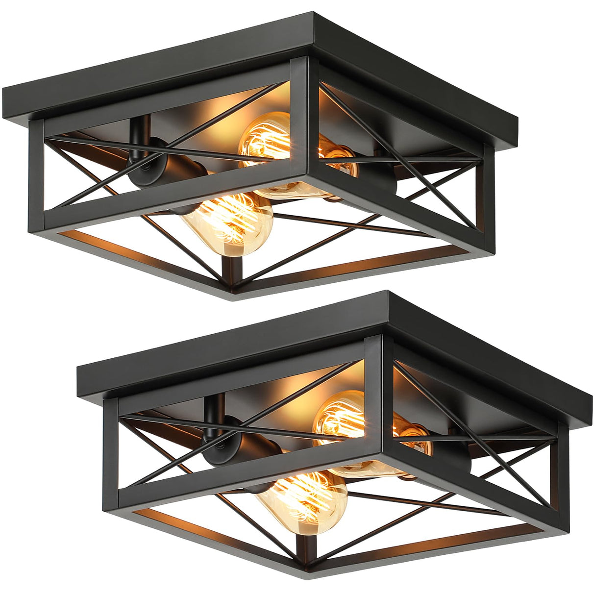 Kondras 2-Light Industrial Square Flush Mount Ceiling Light, Farmhouse Ceiling Light Fixture for Kitchen, Modern Black Close to Ceiling Light for Hallway Bedroom Balcony Porch Stairway, E26, 2-Pack Kondras