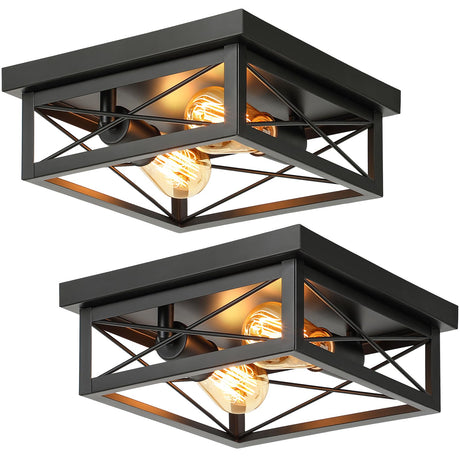 Kondras 2-Light Industrial Square Flush Mount Ceiling Light, Farmhouse Ceiling Light Fixture for Kitchen, Modern Black Close to Ceiling Light for Hallway Bedroom Balcony Porch Stairway, E26, 2-Pack Kondras