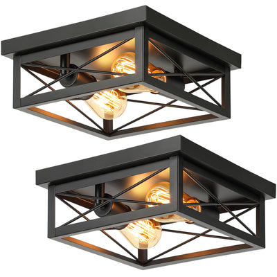 Kondras 2-Light Industrial Square Flush Mount Ceiling Light, Farmhouse Ceiling Light Fixture for Kitchen, Modern Black Close to Ceiling Light for Hallway Bedroom Balcony Porch Stairway, E26, 2-Pack