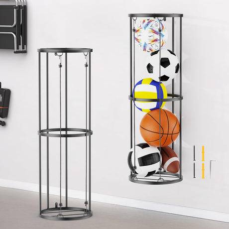 Garage Ball Storage Rack – Freestanding & Wall Mounted Sports Organizer with Elastic Cords Holds 7 Balls – Space Saving Basketball Soccer Football Holder for Home Kids Room WoodArtSupply