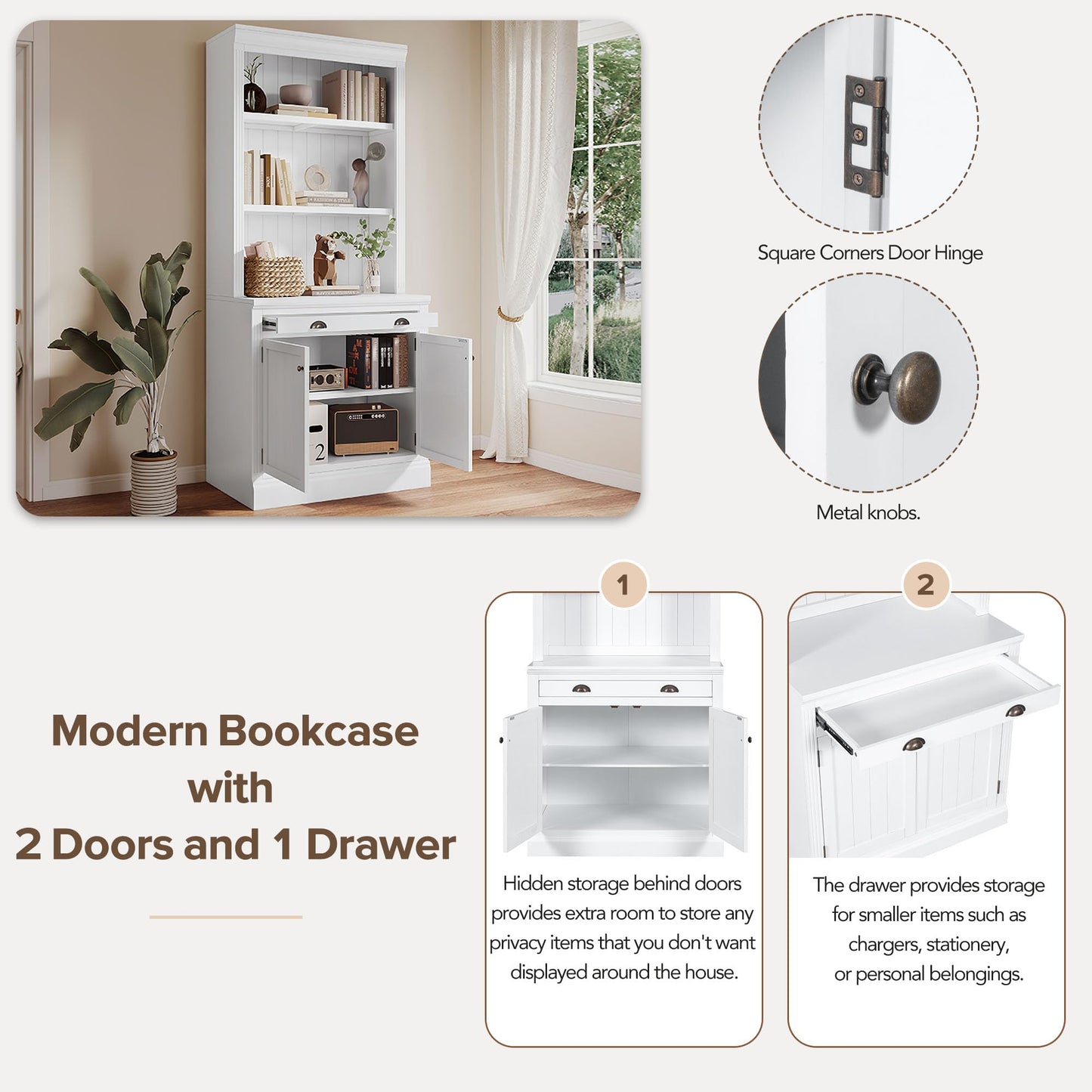 LUMISOL Modern White Pantry Sideboard Set with LED, 84” Tall Storage Cabinet and Bookshelf with 4 Doors and 2 Drawers - WoodArtSupply