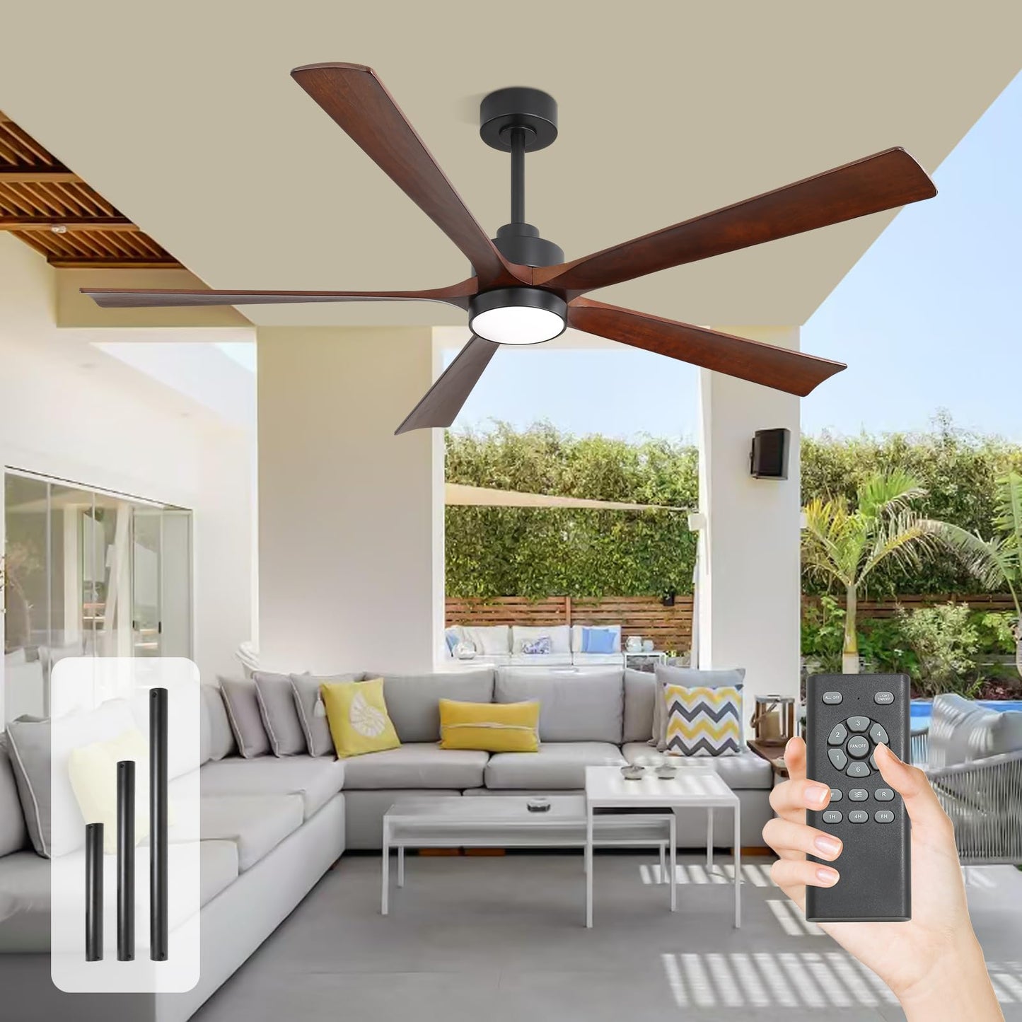 YKXONFA Ceiling Fans with Lights, Ceiling Fans with Lights and Remote,60 inch Modern Smart Ceiling Fan with Light for Patio Living Room, Bedroom, Office, Summer House (dark walnut, 60)