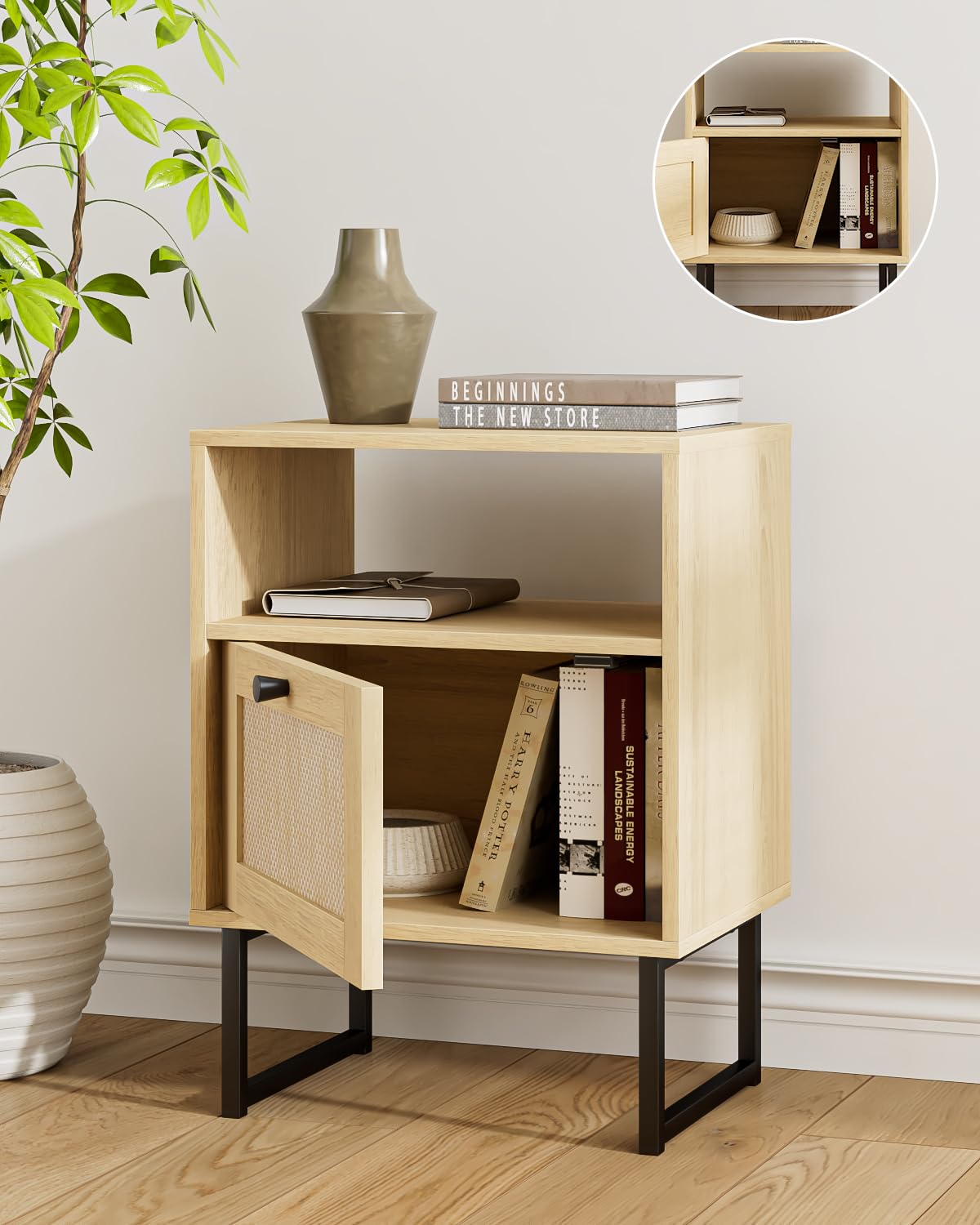 Acodaiuy Rattan Night Stand, Modern Boho Nightstand with Storage Drawer, Wood Bedside Table with Open Shelf, Side End Table for Bedroom,Living Room,Oak Acodaiuy