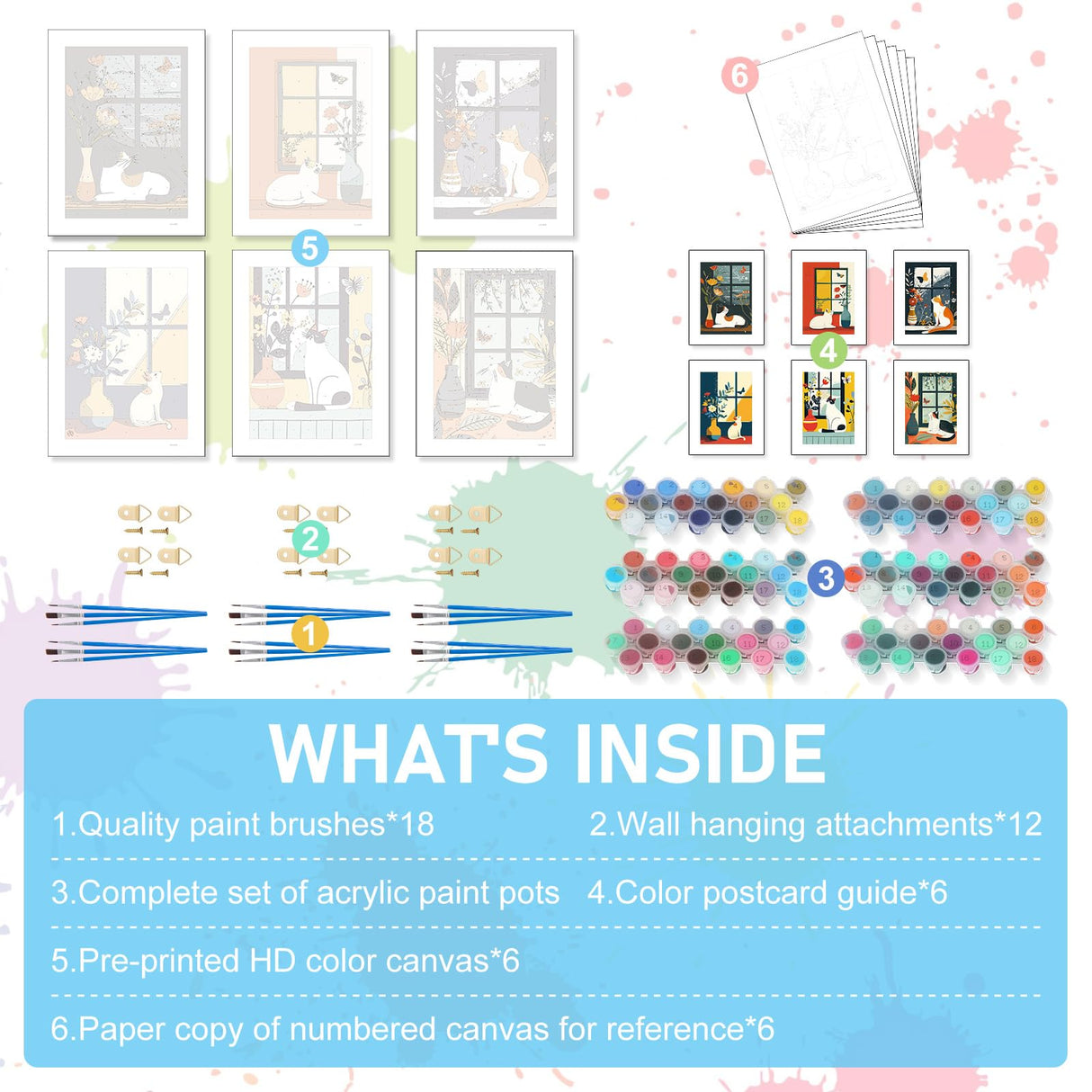 6 Pack Paint by Numbers Kit for Adults Beginners - 10x14 Inch Cat Adult Paint by Number Kits on Canvas, Cat DIY Acrylic Oil Number Painting Kits for Adults, Perfect for Gift Home Wall Decor Offito