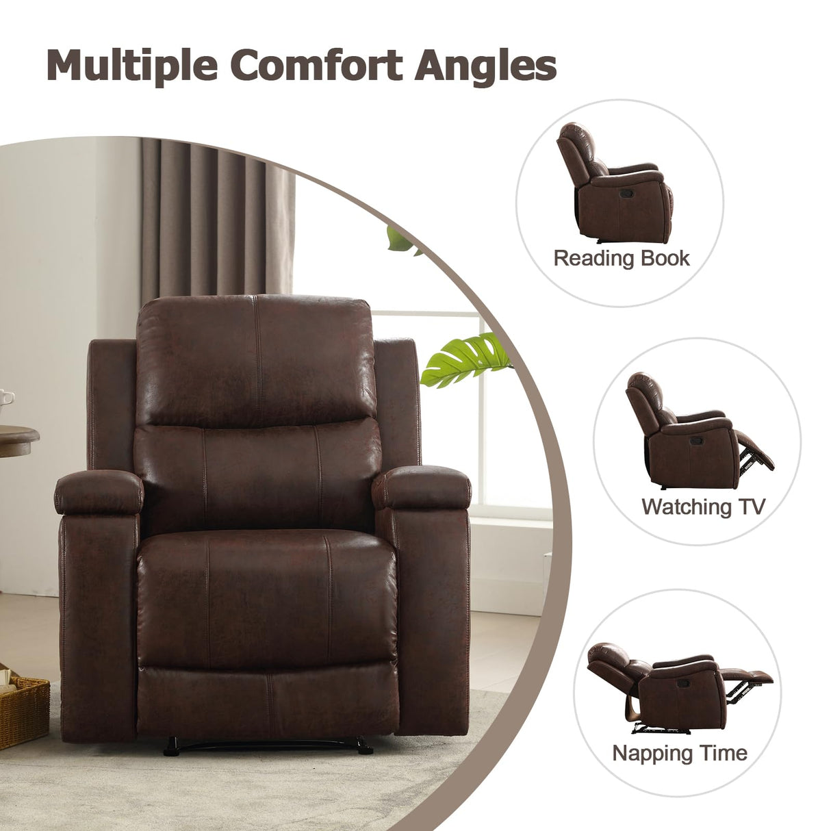 CANMOV Leather Recliner Chair Set of 2, Classic and Traditional Manual Recliner Chair with Overstuffed Arms and Back, Manual Single Sofa with Concealed Cup Holders,Red Brown CANMOV