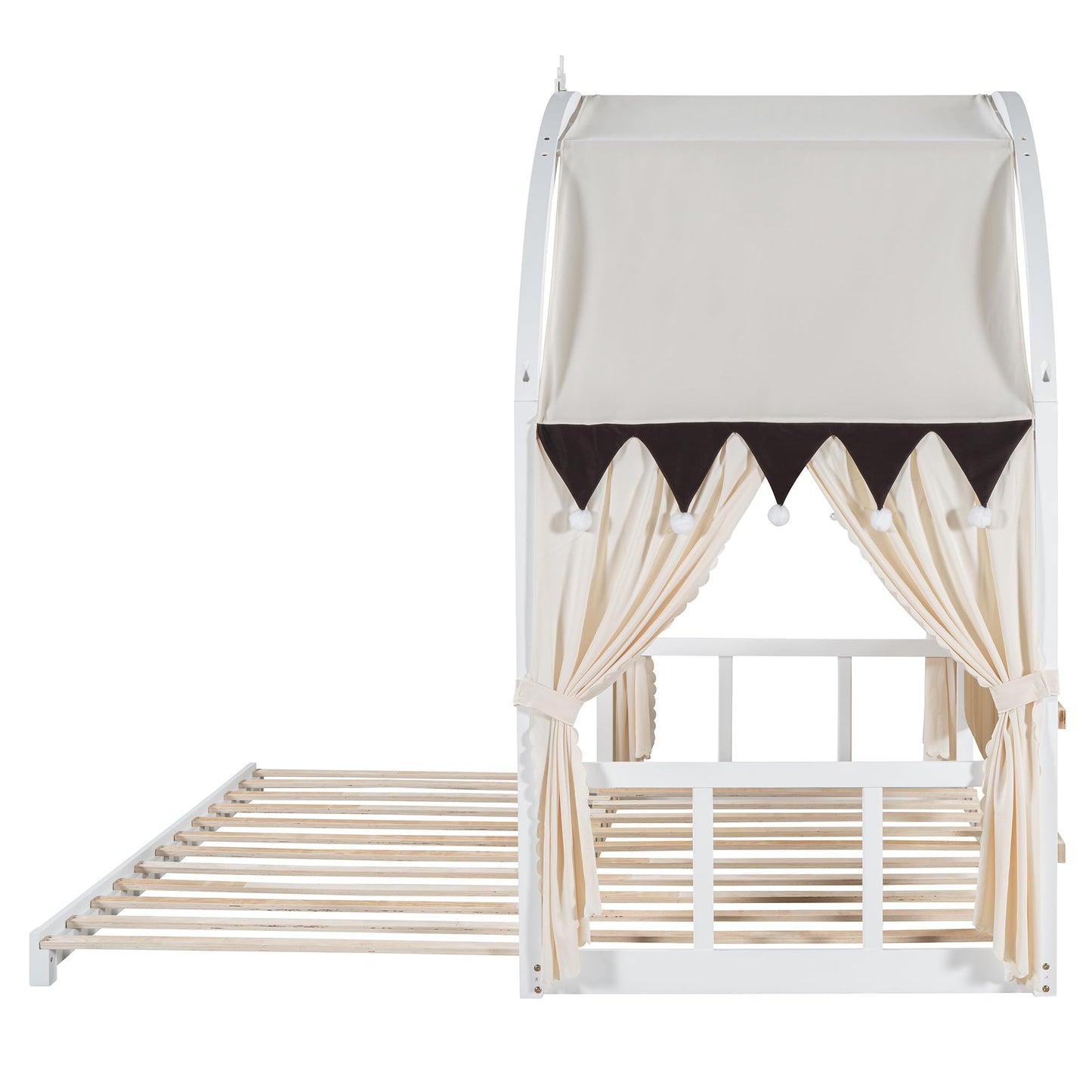 Polibi Twin Size Extended Bed with Arched Canopy, Trundle and Light Strip, Wooden Canopy Bed with Whiteboard (White)