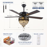 Crystal Ceiling Fan Fandelier with Lights - Modern Outdoor Fans with Remote Control，Noiseless AC Motor, Retro/Farmhouse Lighting, Dining Room， Living Room (52" Asyko