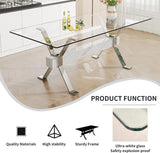 Glass Dining Table for 8-10 Person, 79 inch Modern Dining Room Table with Silver Metal XX-Base, Rectangular Tempered Glass Top Dining Table, Large Dining Table Pedestal Luxury Table for Dining Room Mcltopz