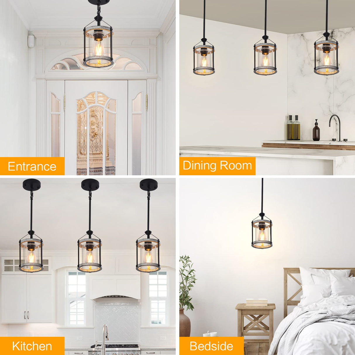 Farmhouse Glass Pendant Light Fixtures,Wood Pendant Light,Adjustable Rustic Farmhouse Pendant Light for Foyer, Sink, Kitchen Island, Porch (1 Light) Raxighn
