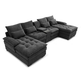 KEIKI 130" U-Shaped 6 seat Sofa with Storage Console, Cup Holders, Upholstered Sectional Sofa, Button Tufted Cloud Cushion Couch for Home, Office, Apartment, Gray KEIKI
