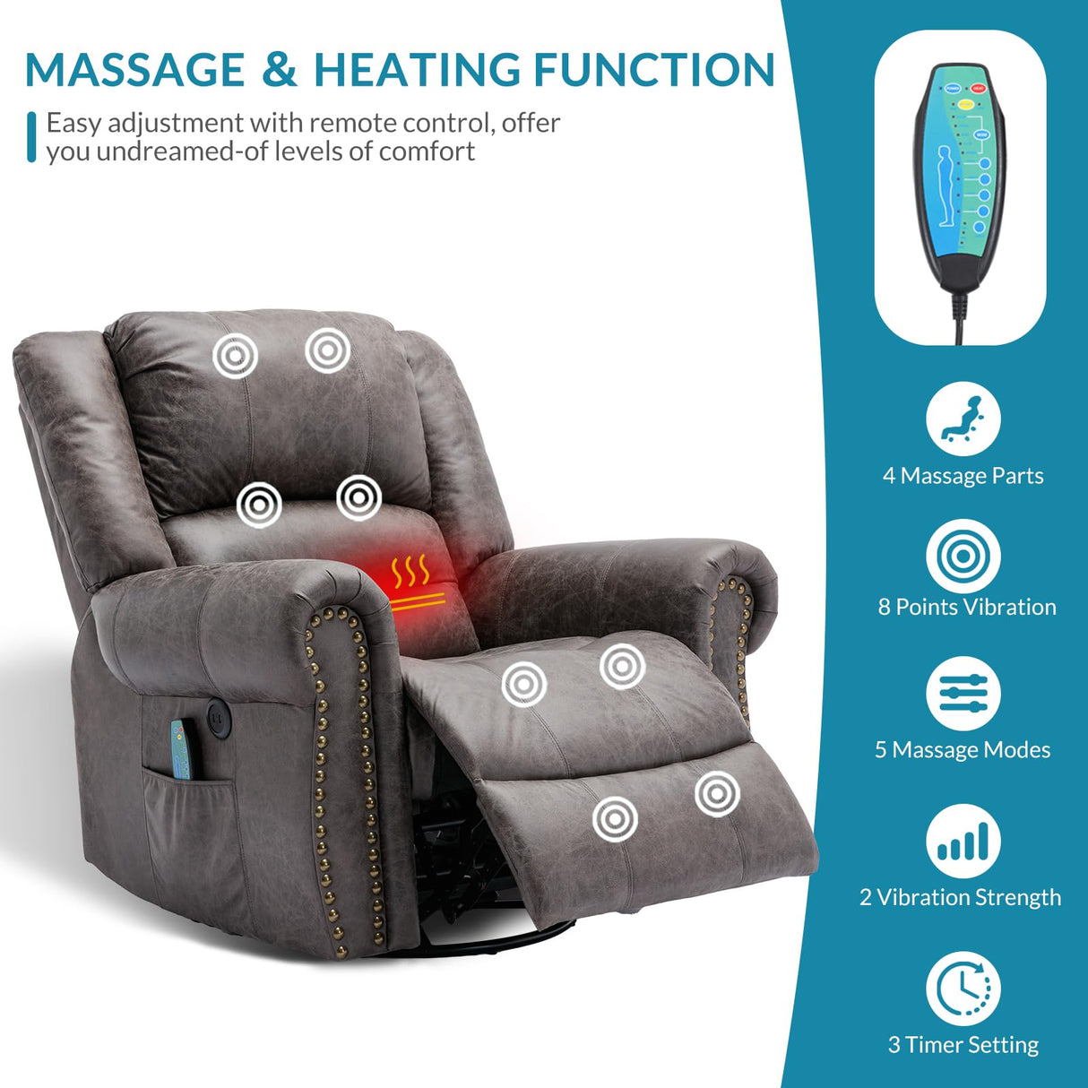 OUINCH Manual 360 Degree Swivel Glider Rocker Recliner Chair with Massage and Heat, USB Ports and 2 Side Pockets, Bronze Suede Like Fabric, Grey OUINCH