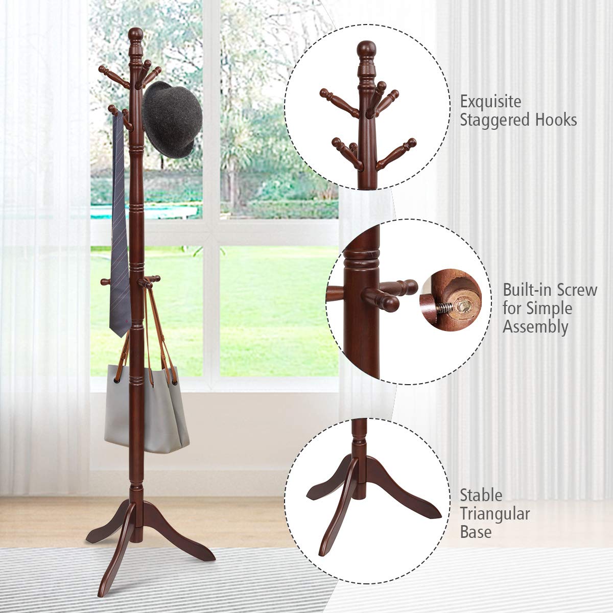 Tangkula Wood Coat Rack Freestanding, Entryway Height Adjustable Coat Stand with 9 Hooks & Stable Tri-Legged Base, Rubber Wood Coat Tree Hall Tree Coat Hanger Stand for Home Office Hall Entryway