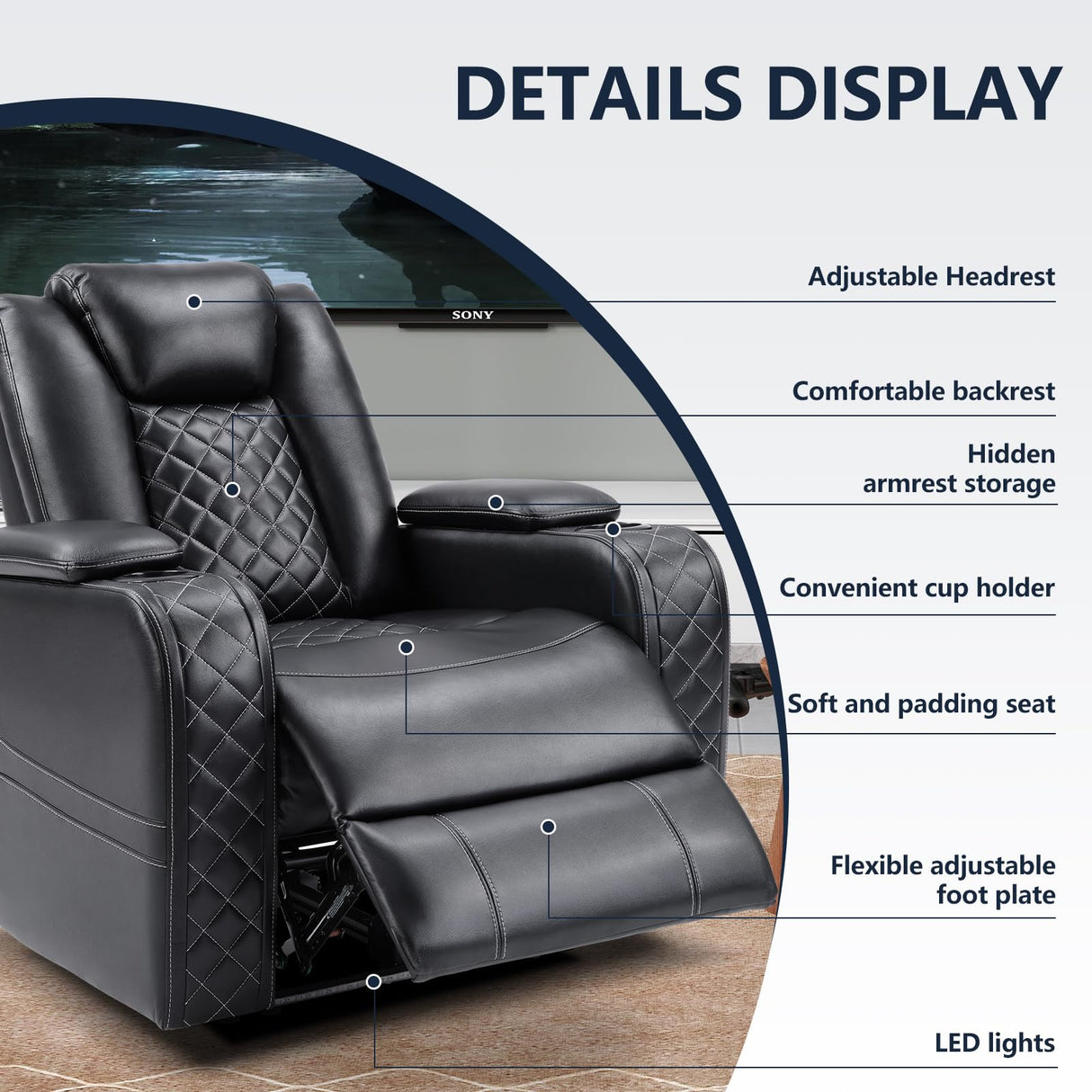 CANMOV Electric Power Recliner Chair with Adjustable Headrest,Breathable Faux Leather Home Theater Seating with Ambient Lighting,Cup Holders,Hidden Arm Storage,USB,Type-C Ports,Black CANMOV