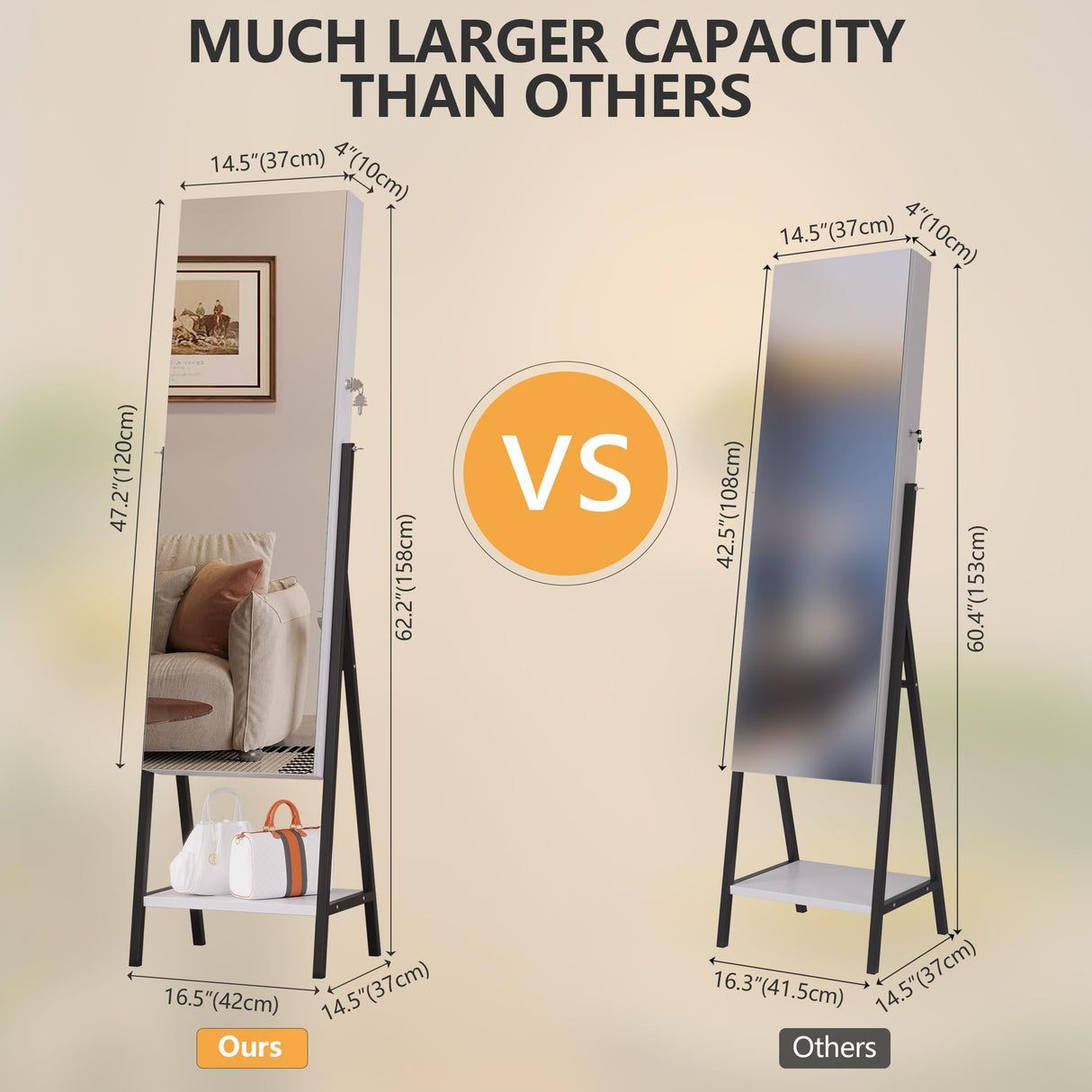 jajov 47.2" LED Jewelry Cabinet Armoire, Standing Mirror with Jewelry Storage, Jewelry Organizer Armoire with Full Length Mirror, Lockable Jewelry Mirror Cabinet (White) jajov