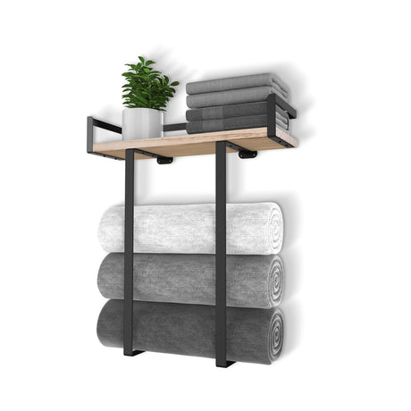 Xstydes Towel Racks for Bathroom Wall Mounted, Metal Towel Holder with Wooden Shelf for Folding Large Towels, Towel Storage for Small Bathroom Organizer Decor or RV Camping Xstydes