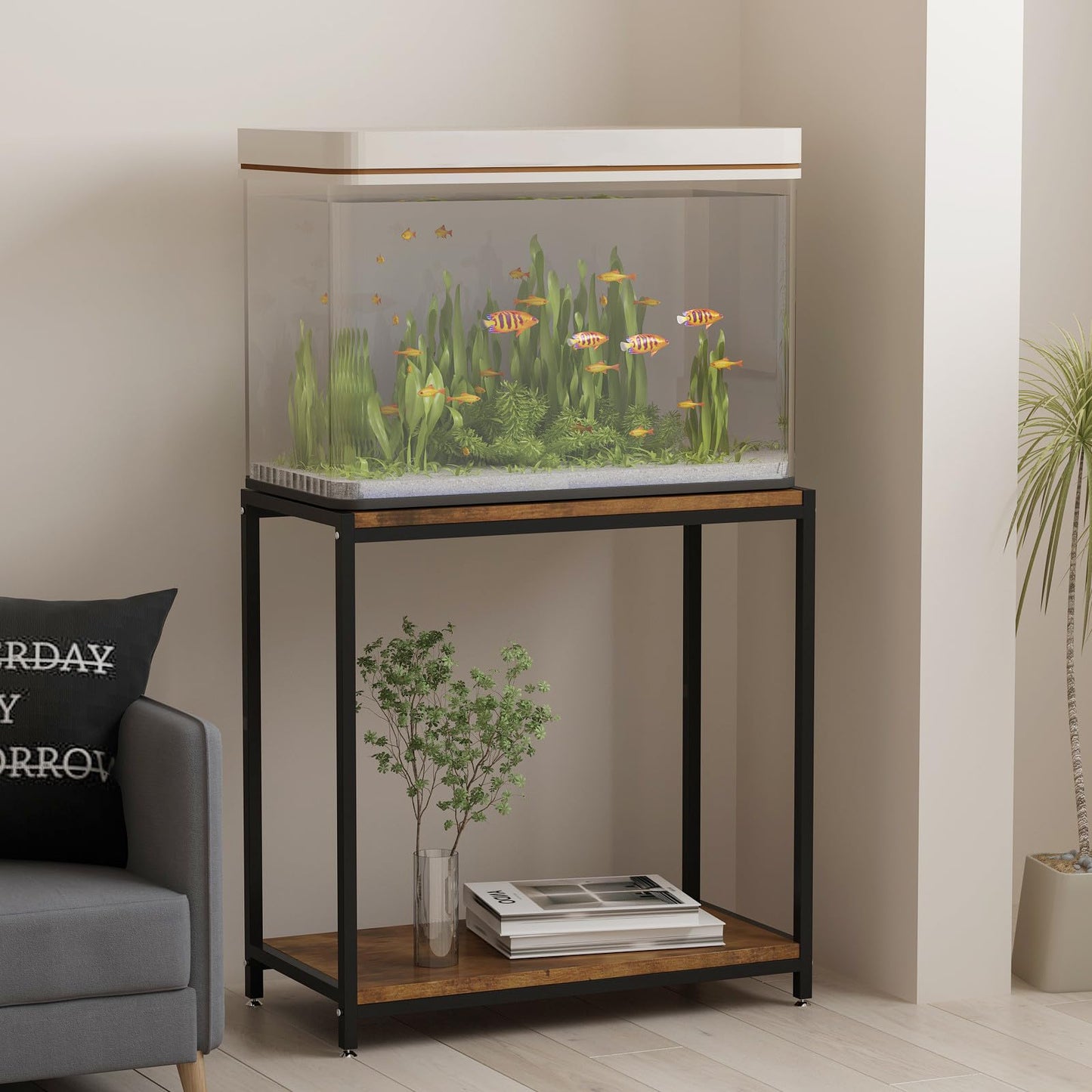 WOULHOMY Fish Tank Stand for 20 Gallon Aquarium, Black Metal Aquarium Stand with 2-Tier Shelves, Breeder Reptile Tank Stand for Home Office 26.96” x 15.74” x 33.26” - WoodArtSupply