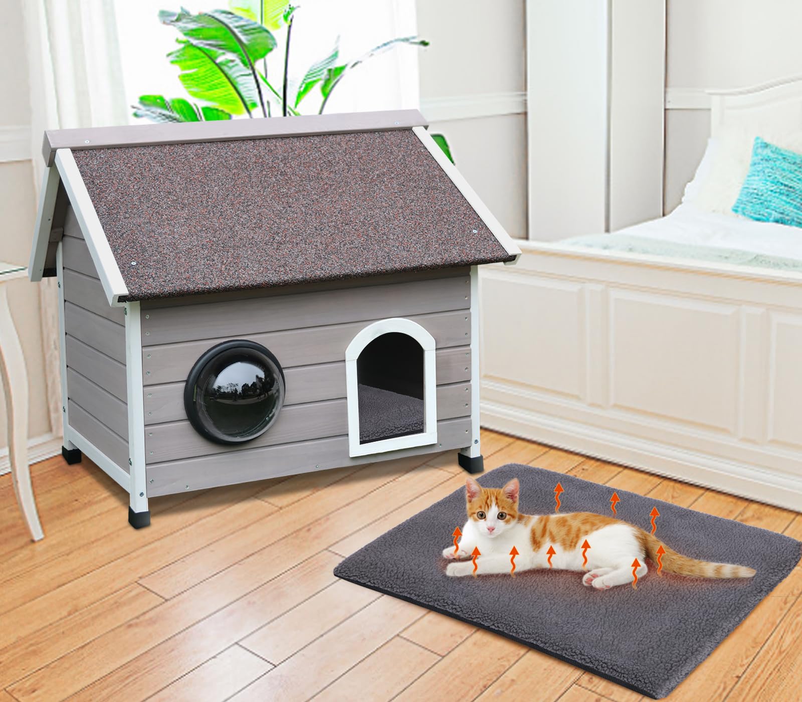 Rockever Outdoor Cat House, Feral Cat House Outdoor Weatherproof with Escape Door and Clear Windows for 2 Cats(with Self Warming Mat - WoodArtSupply