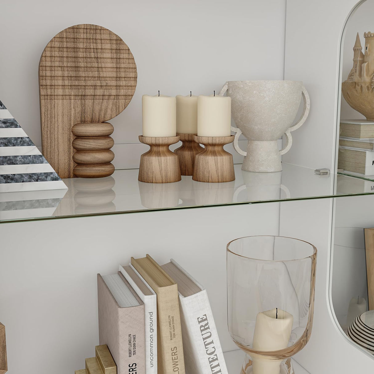 Homsee Storage Cabinet with 3-Color LED Lights, Glass Shelves & 4 Compartments, Sideboard Buffet Cabinet with Solid Legs, Modern Wood Display Cabinet for Living Room, Bedroom & Hallway, White Homsee