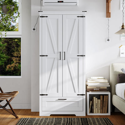 Fddevelop Wood Wardrobe Closet with 2 Doors，Bedroom Freestanding Armoire Storage Cabinet with Shelves，Wooden Wardrobe Combination for Hanging Clothes (Barn Door)