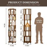 Azlafu Rotating Bookshelf Tower with Wheels, 6 Tier Walnut Wood Round Spinning Bookshelf Tower, 360° Revolving Bookcase Rolling for Kids Adult, Rotation Book Shelf for Bedroom, Living, Office, Corner Azlafu