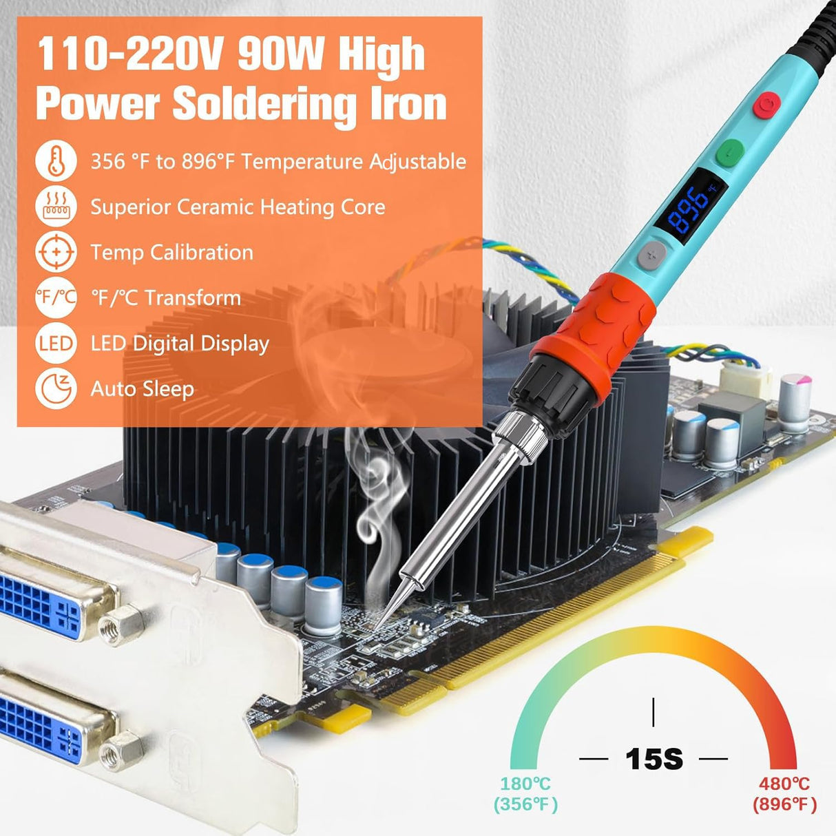 Soldering Iron Kit, 90W LED Digital Soldering Gun kit with Ceramic Heater, 110V Adjustable Temperature Solder Welding Iron Kits, Auto-sleep, Thermostatic Design, Blue Q-MING