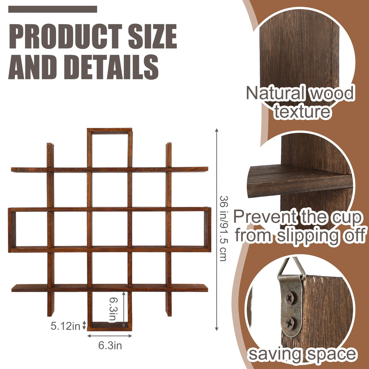 Suzile Oversize Tea Cup and Saucer Display Rack Rustic Brown Wooden Display Shelves Rustic Wooden Floating Curio Shelf Travel Wall Mounted Tea Cup and Saucer Rack Holder Shadow Box Shelf Suzile