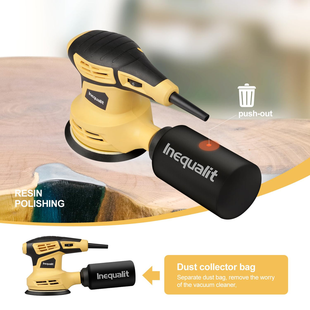 Inequalit 2.4Amp 5 Inch Orbital Sander, 6000-13000OPM Random Orbital Sander with 6 Variable Speed, 15Pcs Sandpapers and Dust Collector Included, Fit for Sanding and Polishing Inequalit