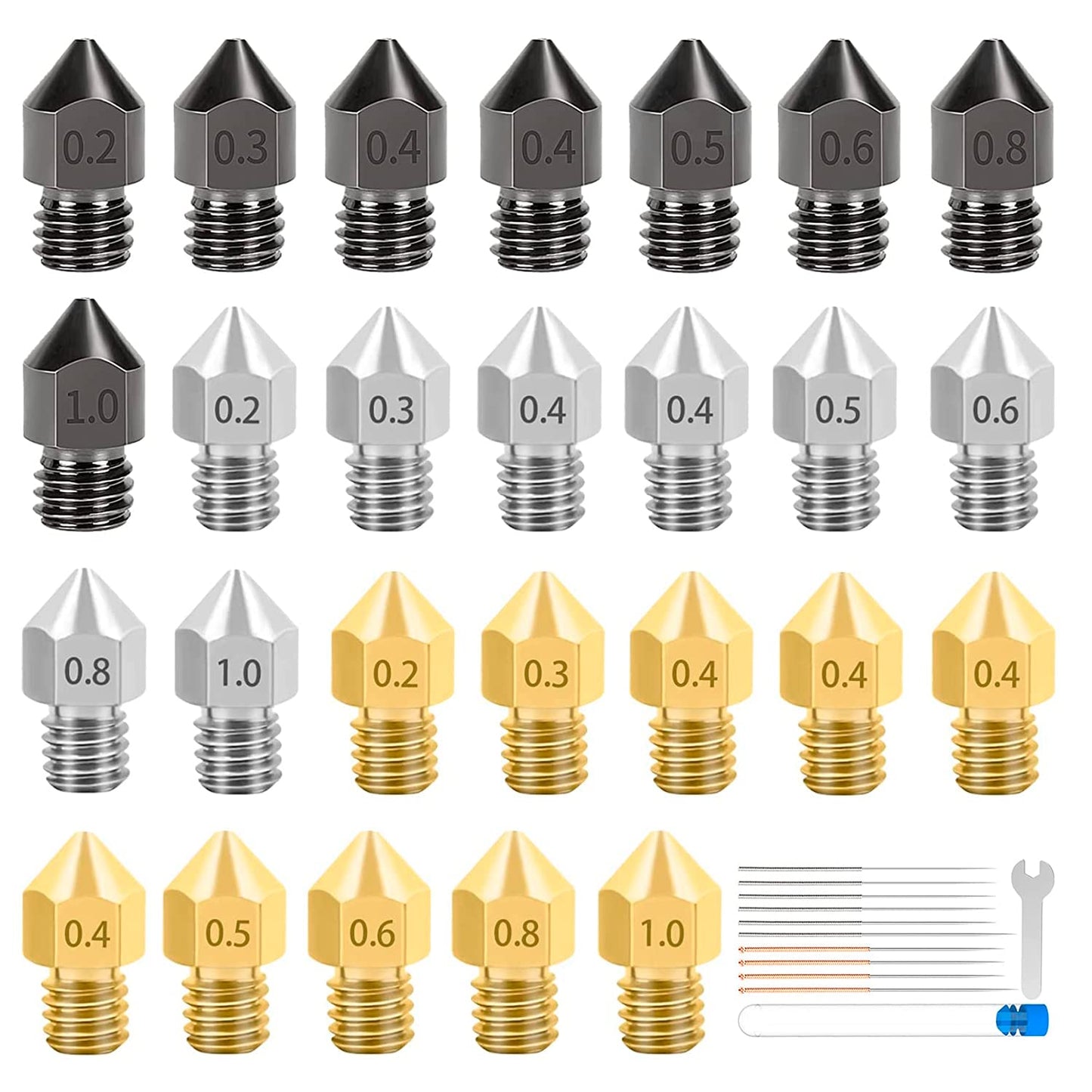 26PCS 3D Printer Nozzles Extruder Stainless Steel, Ender 3 Nozzle,MK8 Nozzles,Brass High Temperature Pointed Wear Resistant Nozzle Multiple Sizes 0.2 0.3 0.4 0.5 0.6 0.8 1.0 mm - WoodArtSupply