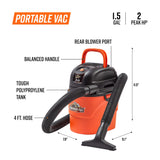 Armor All AA155 1.5-Gallon 2 Peak HP Portable Wet/Dry Shop Vac, Orange Armor All