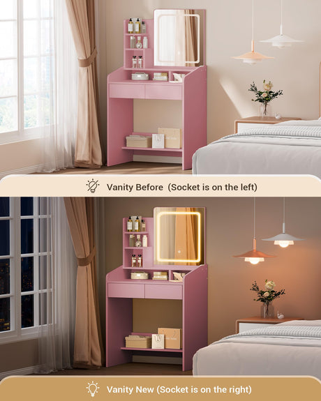 LIVELYGLOW Vanity Desk Set with Square Mirror and Light- Small Vanity Tale with Drawers- Pink LIVELYGLOW